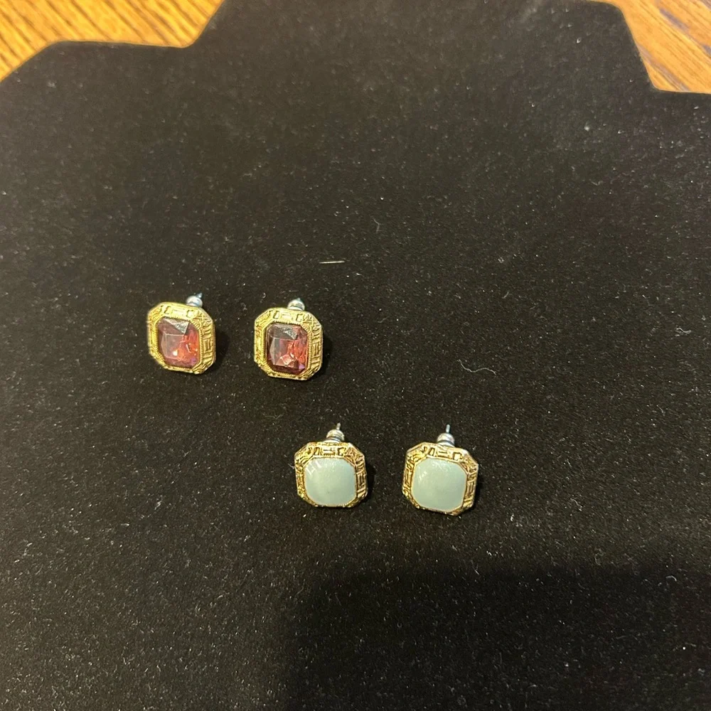 Two Pairs Vintage Art Deco Style Faceted Gold Rectangle Stone Pierced‎ Earrings